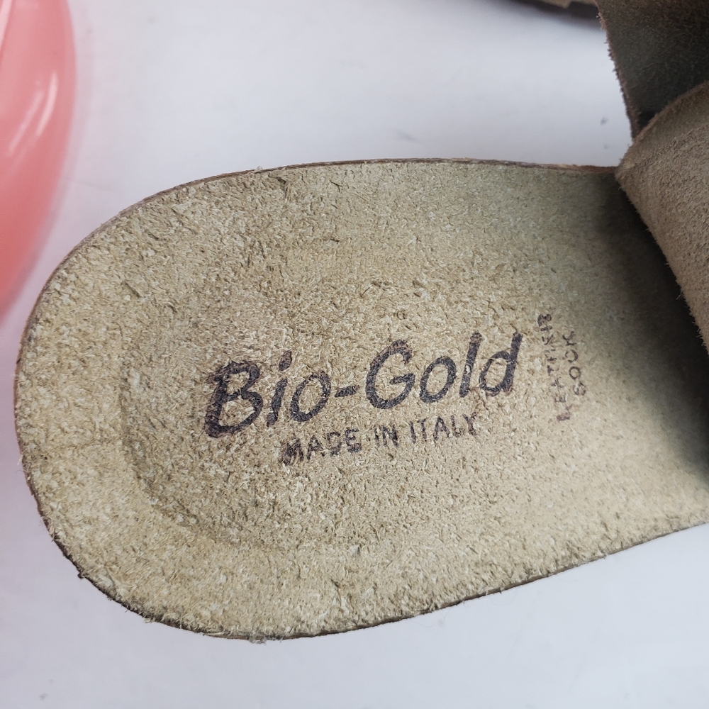 Bio-Gold Wedge Sandals Taupe Leather Ankle Strap Peep Toe - Picture 5 of 11